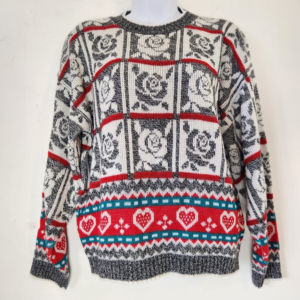 Vintage 80s 90s Hot Cashews Sz L Rose Heart Sweater Boxy Cottagecore Grandmacore